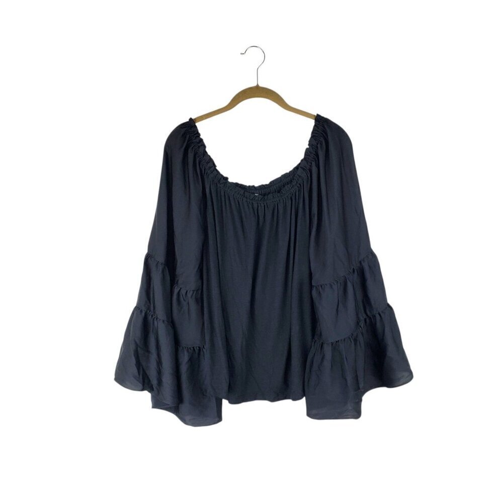By Anthropologie Gloria Off Shoulder Top Black Tiered Statement Sleeve Size M - Picture 2 of 9